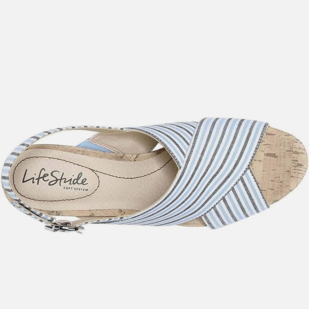 Life Stride Striped Sandals with Cork Heel Size 9 WIDE - Picture 4 of 6